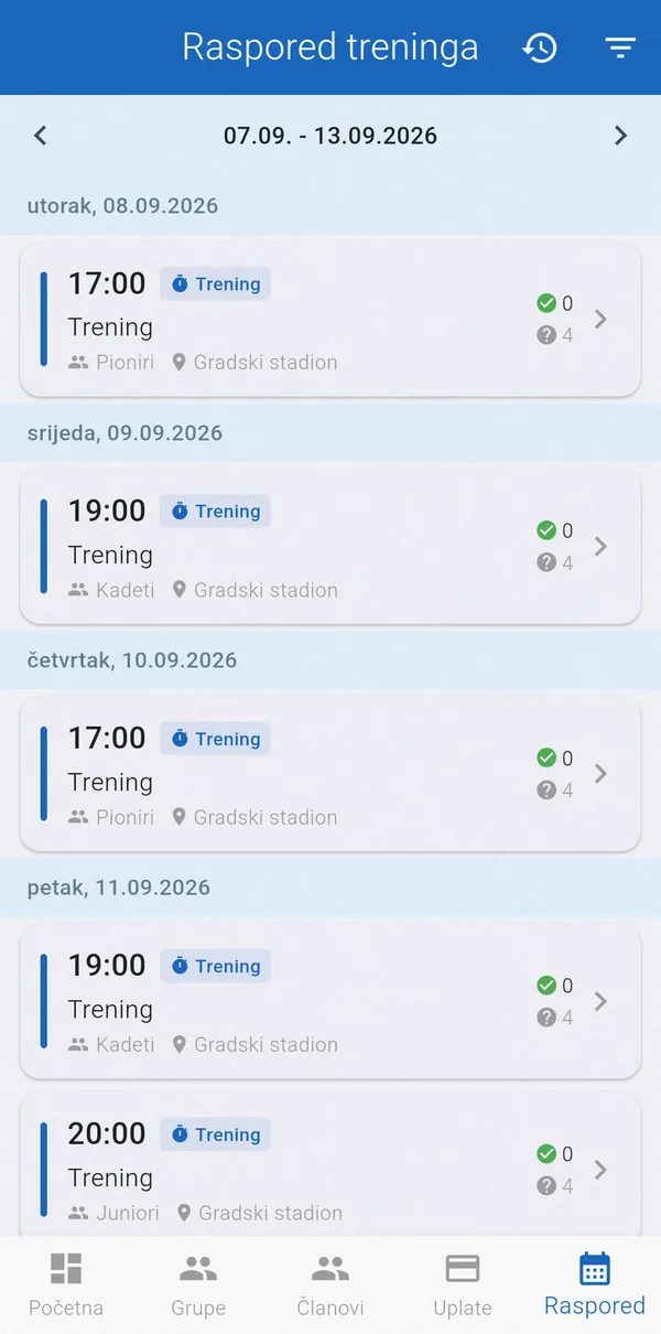Sedmični raspored treninga za grupe Pioniri, Kadeti i Juniori